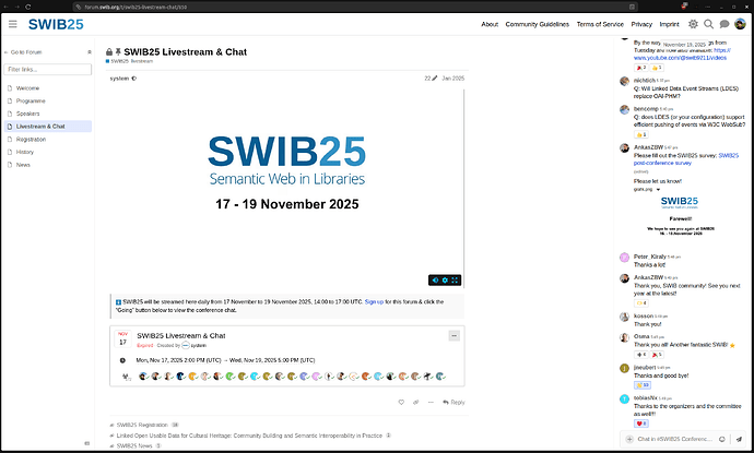 SWIB25 live stream window alongside the conference chat